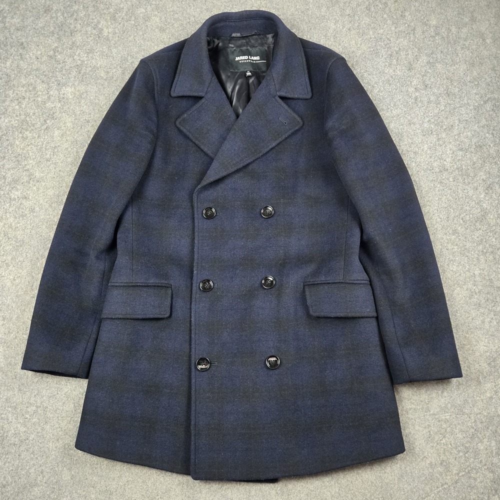 Jared Lang‎ Pea Coat Mens 38 Small Blue Black Plaid Double Breasted Wool Blend